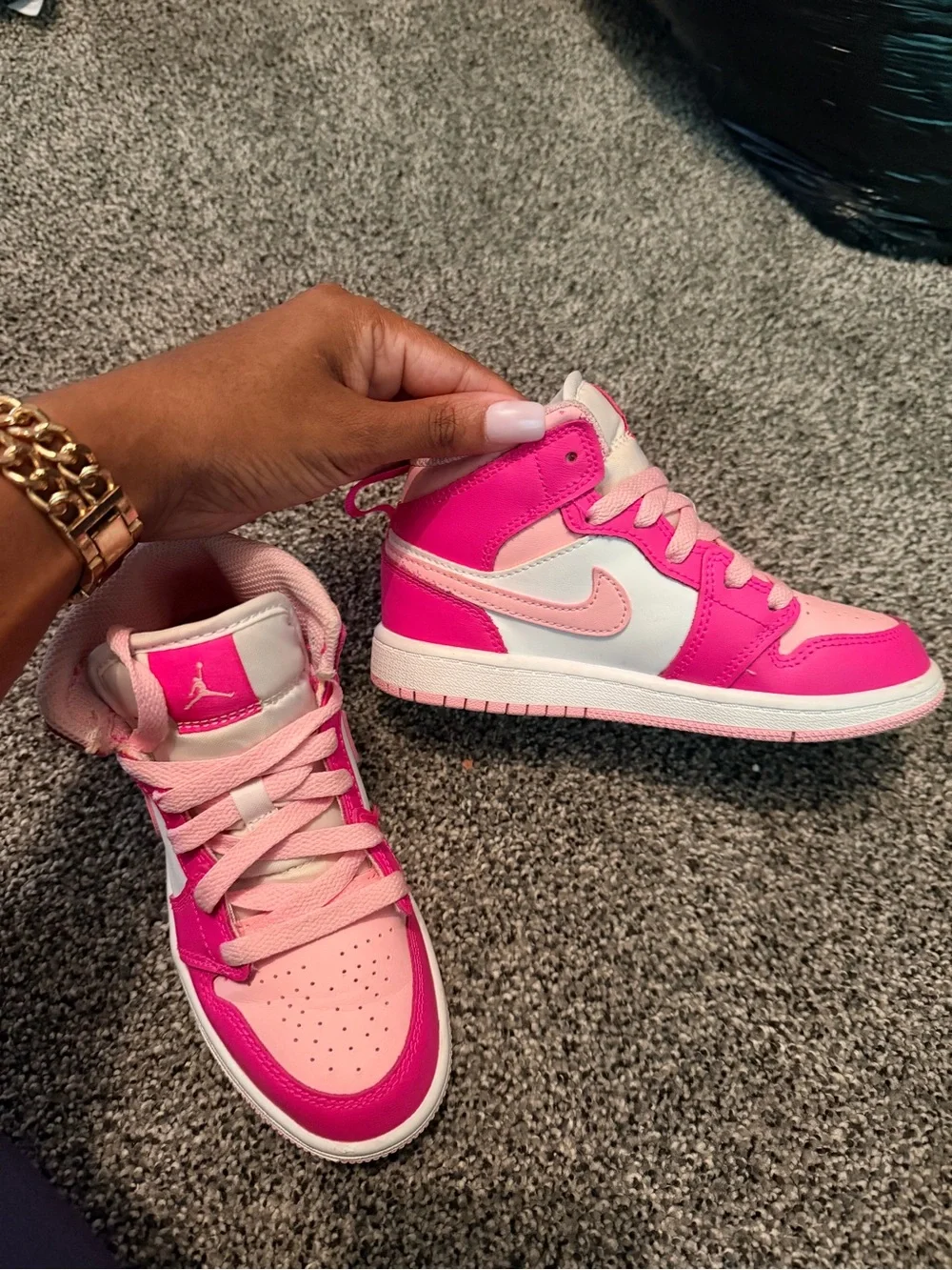 Nike Kids Air Jordan 1 Mid in Hot Pink, Light Pink, White